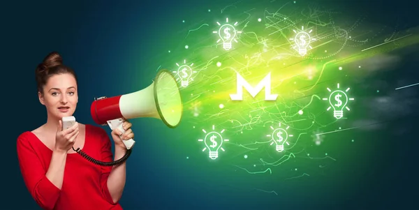 Young person with megaphone and currency icon — Stock Photo, Image