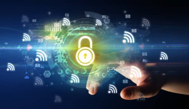 Gelecekteki teknoloji kavramı ile yumuşak jest multimedya ekranına dokunmak