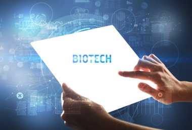 El işi fütüristik tablet, teknoloji konsepti.