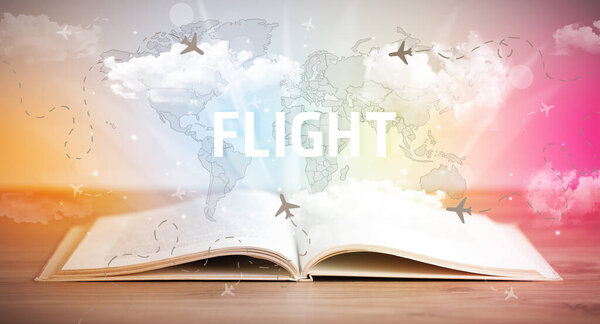 Open book with FLIGHT inscription, vacation concept