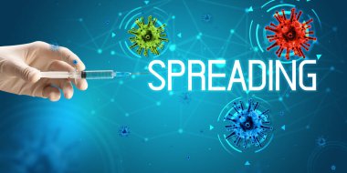 Şırınga, elinde tıbbi enjeksiyon, koronavirüs aşısı konsepti.