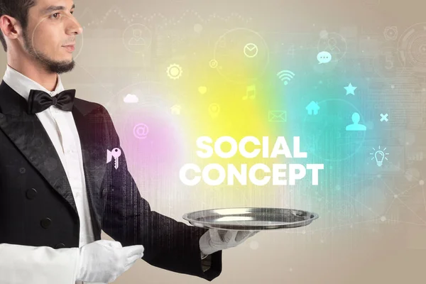 Waiter serving social networking concept — Stockfoto