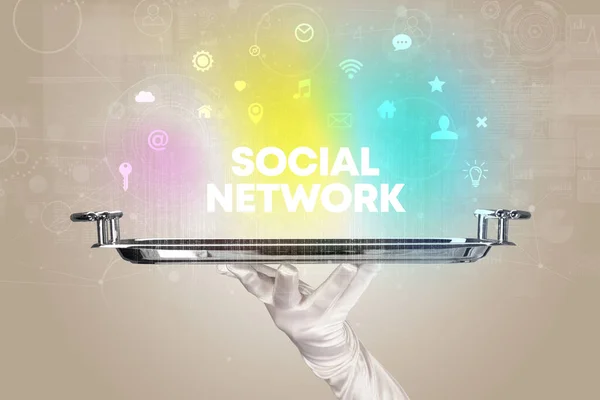 Waiter serving social networking concept — Fotografia de Stock