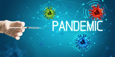 Şırınga, elinde tıbbi enjeksiyon, koronavirüs aşısı konsepti.