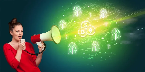 Young person with megaphone and currency icon — Stock Photo, Image