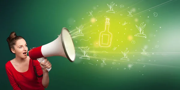 Young person with megaphone and healthy food icon — Stock Photo, Image