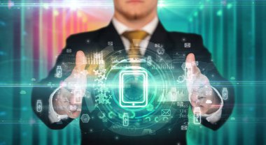 Teknoloji simgesi taşıyan iş adamı