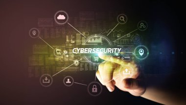 Hand touching cybersecurity button concept