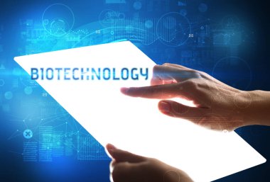 El işi fütüristik tablet, teknoloji konsepti.