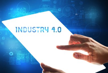 El işi fütüristik tablet, teknoloji konsepti.