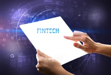 El işi fütüristik tablet, teknoloji konsepti.