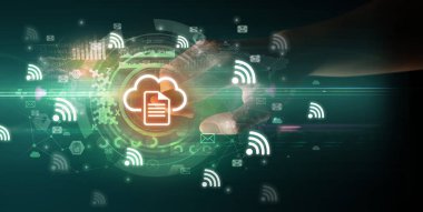 Gelecekteki teknoloji kavramı ile yumuşak jest multimedya ekranına dokunmak