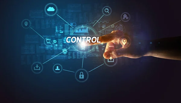 Hand touching cybersecurity button concept — Fotografia de Stock