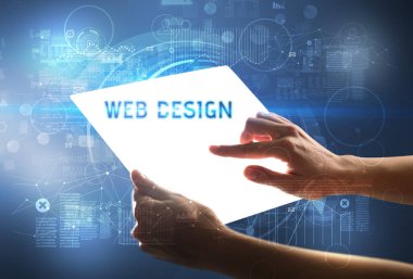 El işi fütüristik tablet, teknoloji konsepti.