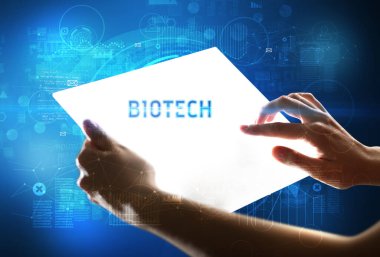 El işi fütüristik tablet, teknoloji konsepti.