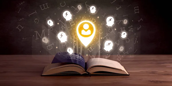 Open book with social networking icons above — Stock Photo, Image