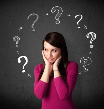 Young woman thinking with question mark circulation around her h clipart