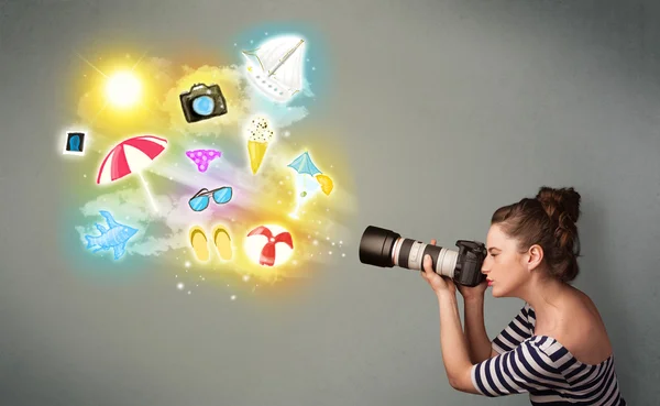 Teenage photographer making photos of holiday painted icons — Stock Photo, Image