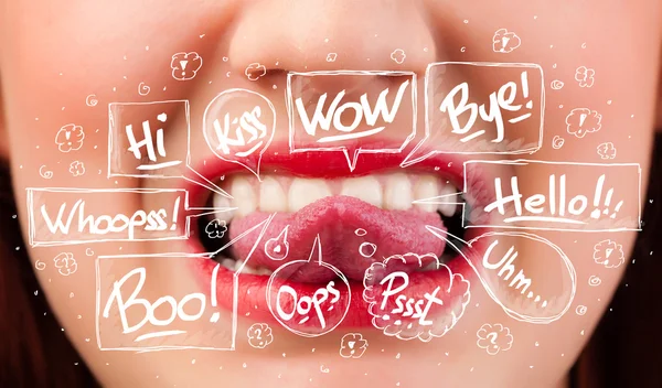 Beautiful red lips with white speech bubbles — Stock Photo, Image