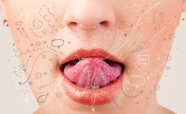 Pretty woman mouth blowing hand drawn icons and symbols — Stock Photo, Image