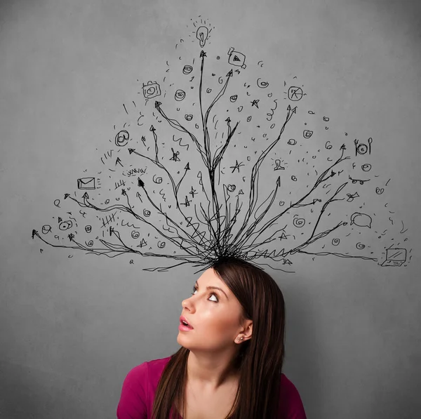 Young woman with tangled lines coming out of her head — Stock Photo, Image