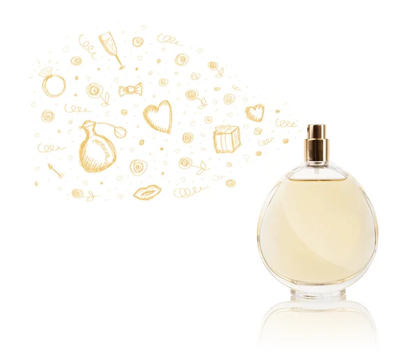 Sketches coming out from beautiful perfume bottle — Stock Photo, Image
