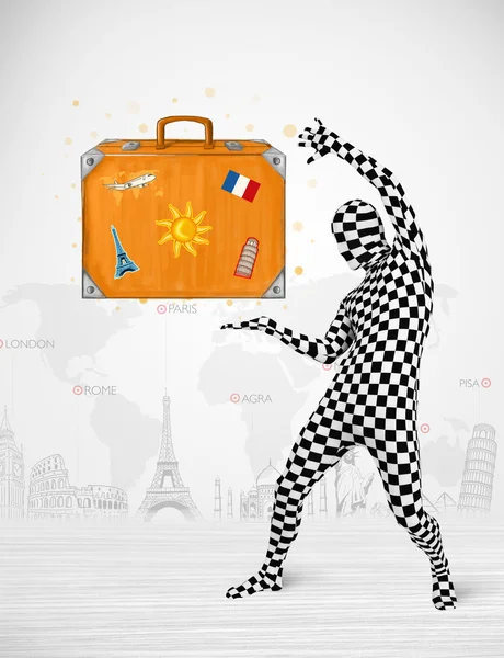 Man in full body suit presenting vacation suitcase — Stock Photo, Image