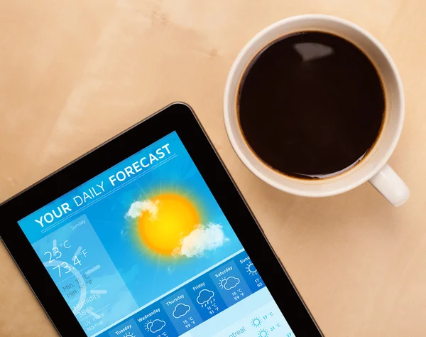 Tablet PC que muestra el pronóstico del tiempo en pantalla con una taza de café — Foto de Stock