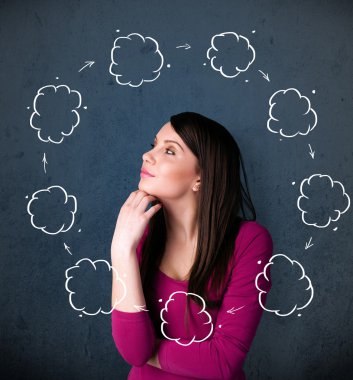 Young woman thinking with cloud circulation around her head clipart