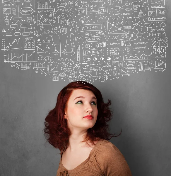 Junge Frau gestikuliert mit skizzierten Diagrammen über ihrem Kopf — Stockfoto