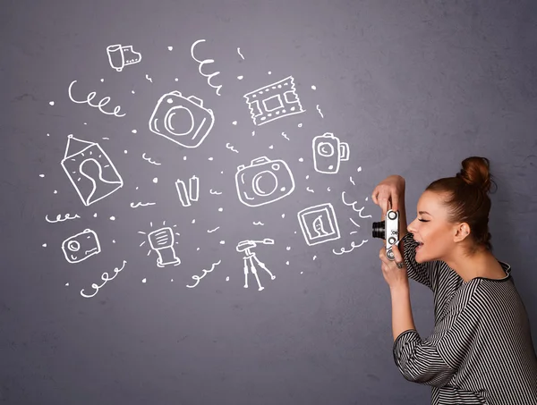 Fotograaf meisje schieten fotografie pictogrammen — Stockfoto