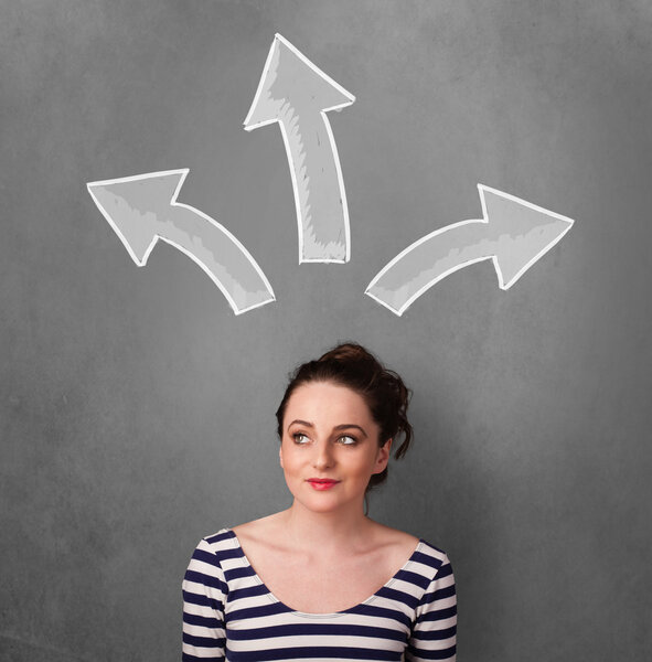Young woman thinking with arrows above her head