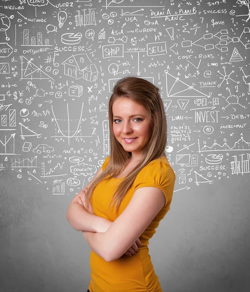 Jeune jolie dame avec des calculs dessinés à la main et des icônes — Photo