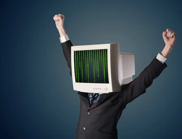 Cyber umano con uno schermo del monitor e il codice del computer sulla displ — Foto Stock