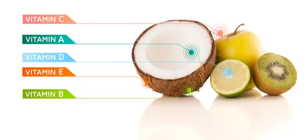 Frutas saludables con coloridos símbolos e iconos vitamínicos —  Fotos de Stock