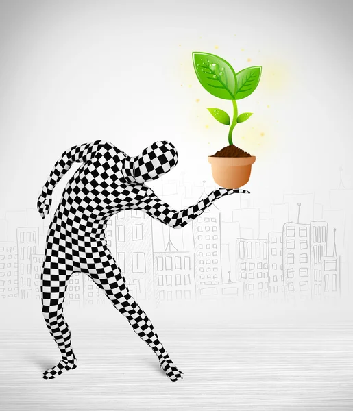 Man in full body suit with eco plant — Stock Photo, Image