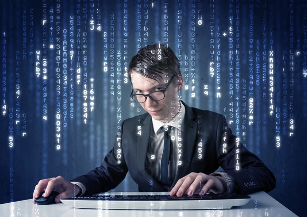 Hacker decoding information from futuristic network technology — Stock Photo, Image