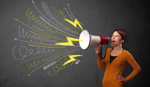 Cute girl shouting into megaphone with hand drawn lines and arro — Stock Photo, Image