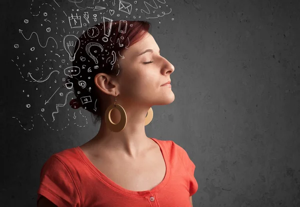 Giovane ragazza pensando con icone astratte sulla testa — Foto Stock