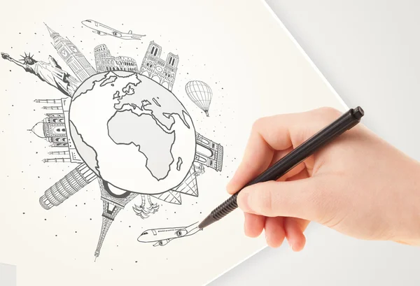 Hand tekening vakantiereis rond de aarde met monumenten en c — Stockfoto
