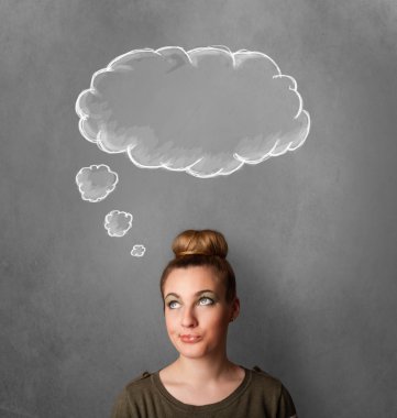 düşünceli kadın başının üstünde bulut ile