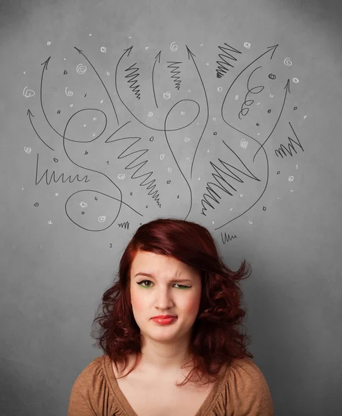 Young woman thinking with arrows over her head — Stock Photo, Image