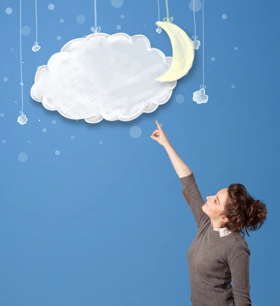 Young girl looking at cartoon night clouds with moon — Stock Photo, Image