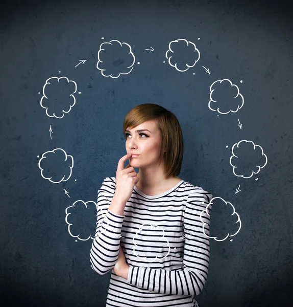 Young woman thinking with cloud circulation around her head — Stock Photo, Image