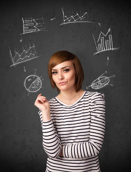 Young woman thinking with charts circulation around her head — Stock Photo, Image