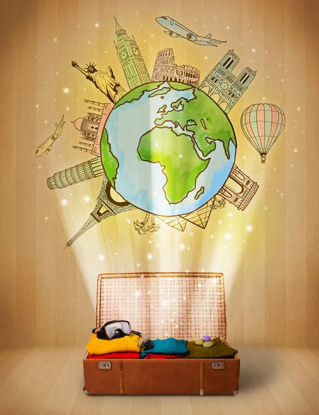 Luggage with travel around the world illustration concept — Stock Photo, Image