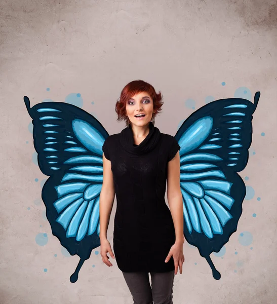 Ung flicka med fjäril blå illustration på baksidan — Stockfoto