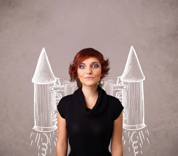 Niedliches Mädchen mit Jet-Pack-Rakete Zeichnung Illustration — Stockfoto