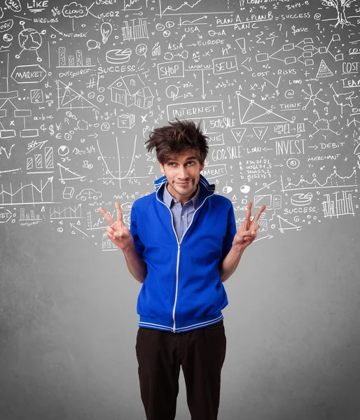 Young handsome guy with hand drawn calculations and icons — Stock Photo, Image