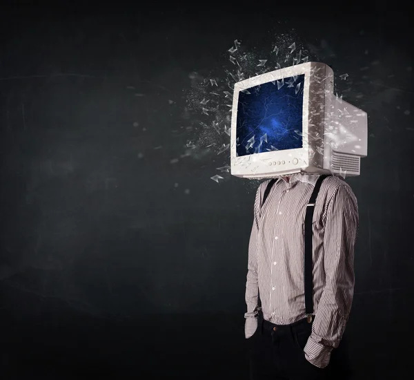 Computer monitor screen exploding on a young persons head — Stock Photo, Image